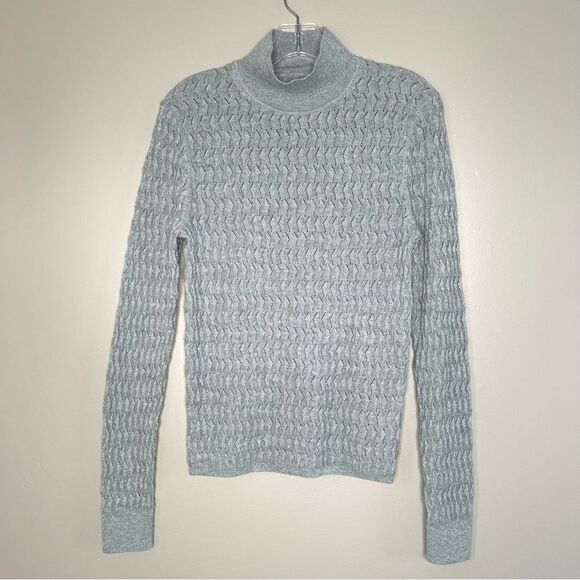 GAP Pointelle Turtleneck Silver Metallic Simmer Lightweight Sweater - Picture 3 of 14